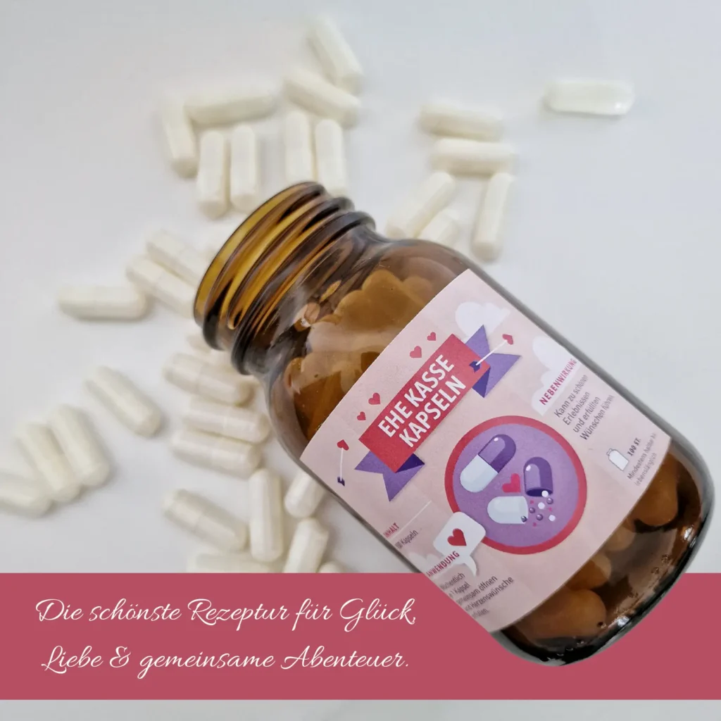 originelles Geldgeschenk zur Hochzeit: Apothekerglas mit 100 Kapseln zum Befüllen